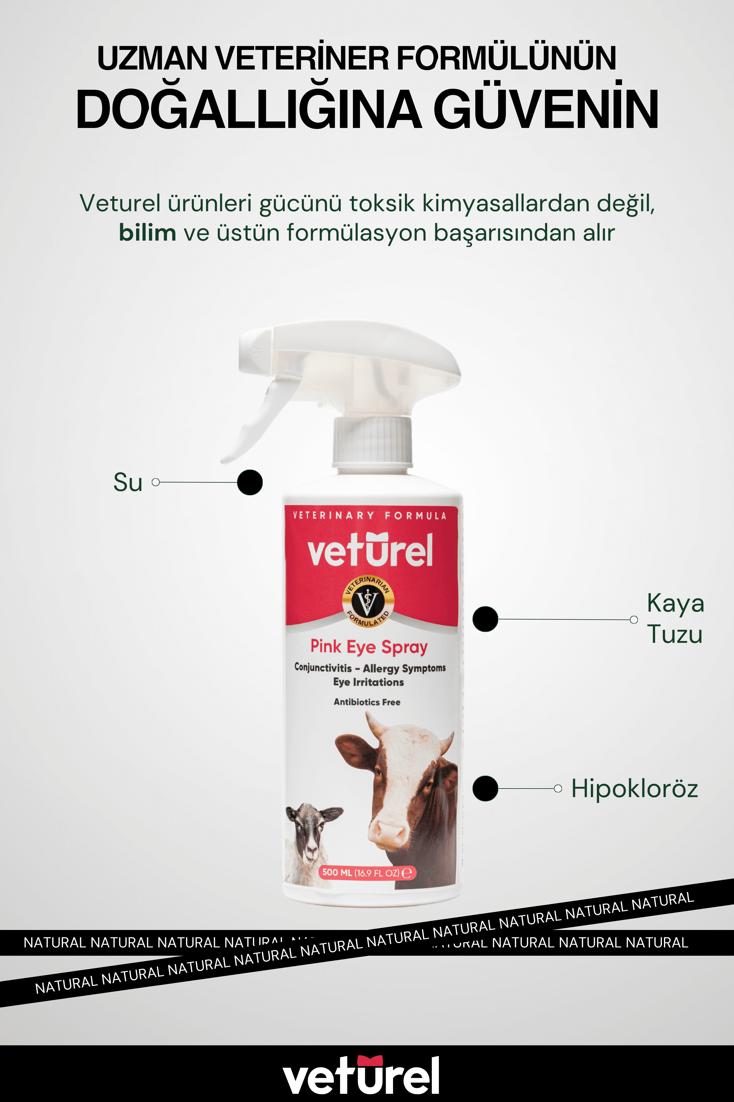 Göz Bakım İnek Koyun Çiftlik Hayvanı Göz Kızarıklığı Konjonktivit Bakımı Mukus Yıkama Spreyi 500ml