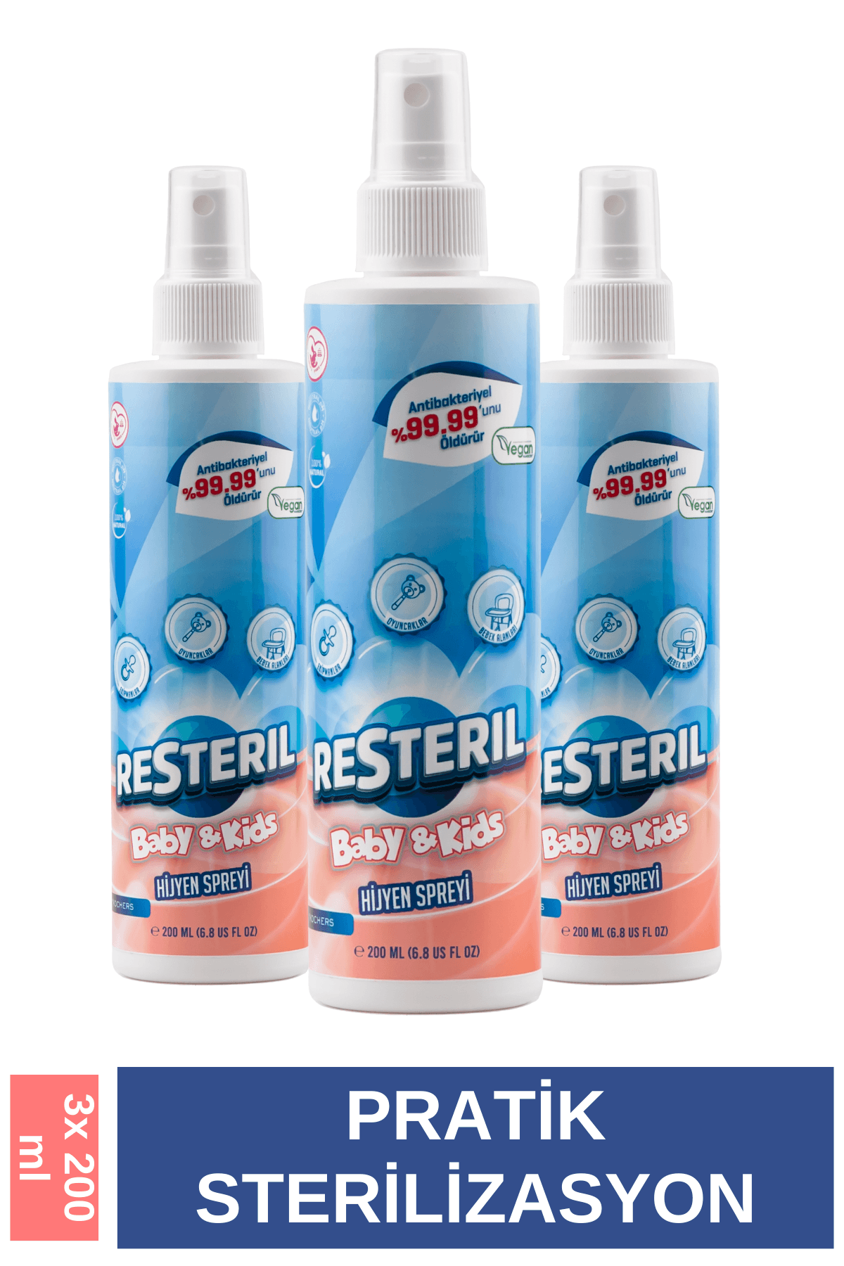 Bebek Çocuk Dezenfektan Sprey Alkolsüz Oyuncak Temizleyici Biberon ve Emzik Temizleyici 3x200ml