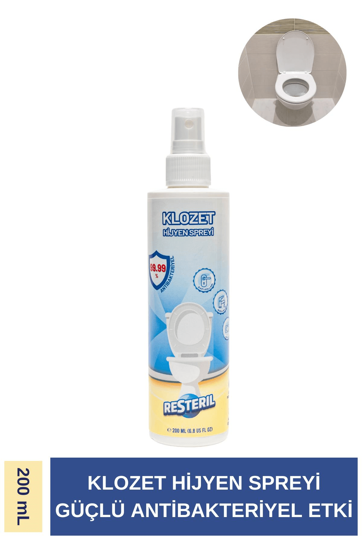 Resteril Klozet Kapağı Dezenfektan Sprey %99.99 Sterilizasyon Seyahat Boyu Hijyen Spreyi 200 ml