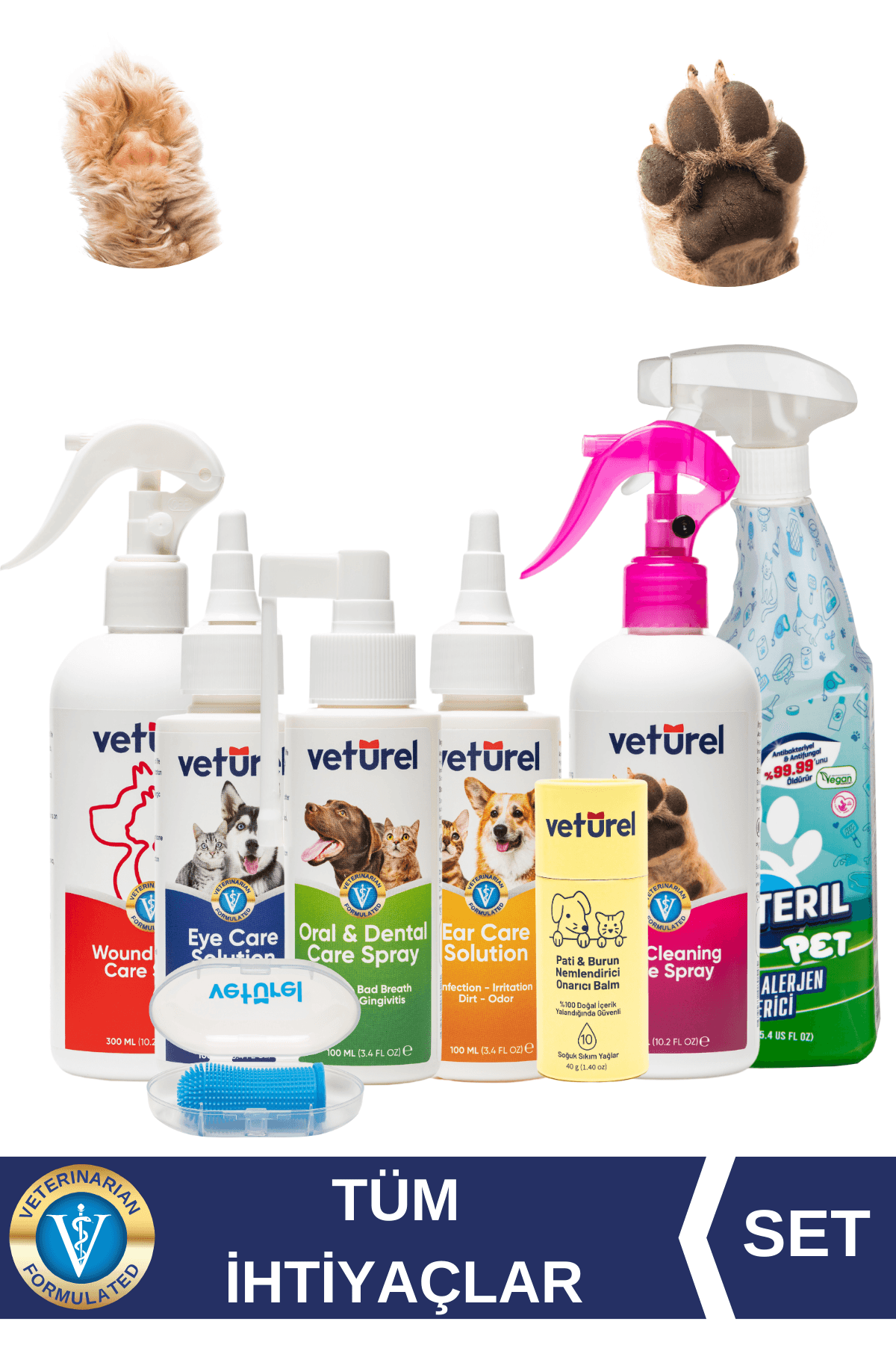 %100 Doğal Kedi Köpek Diş Fırçalı Sağlık Seti Pati Balm Ağız Göz Kulak Yara Bakımı Çiş Koku Giderici