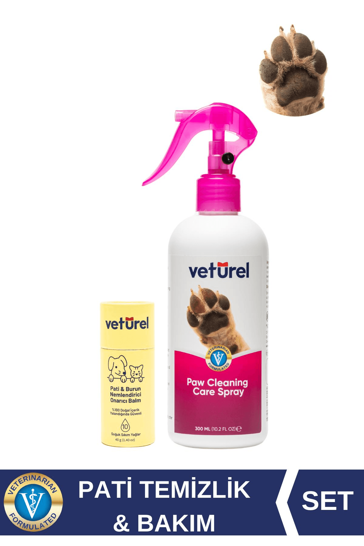 Pati Balm %100 Doğal Kedi Köpek Nemlendirici 40gr + Pati Temizleme Spreyi Koku ve Kir Giderici 300ml