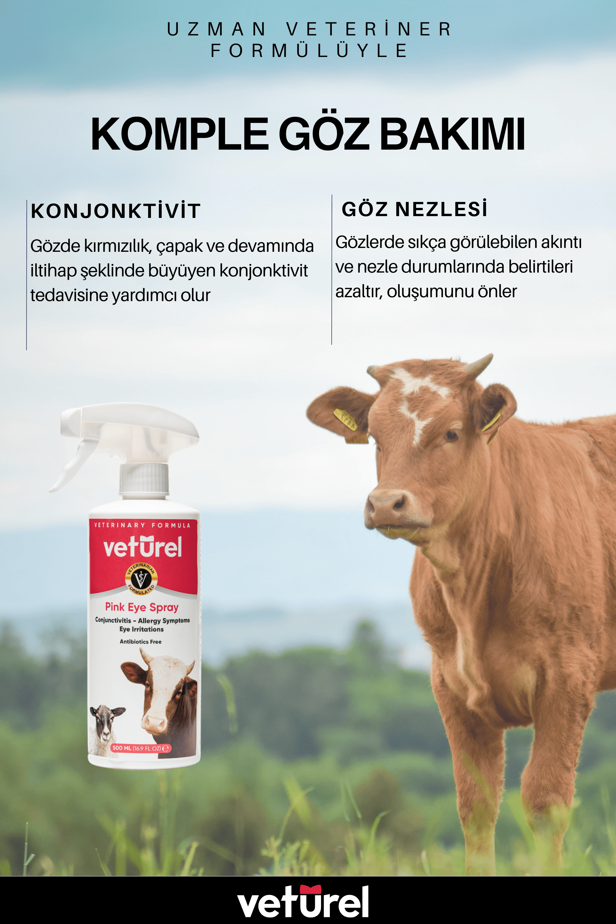 Göz Bakım İnek Koyun Çiftlik Hayvanı Göz Kızarıklığı Konjonktivit Bakımı Mukus Yıkama Spreyi 500ml
