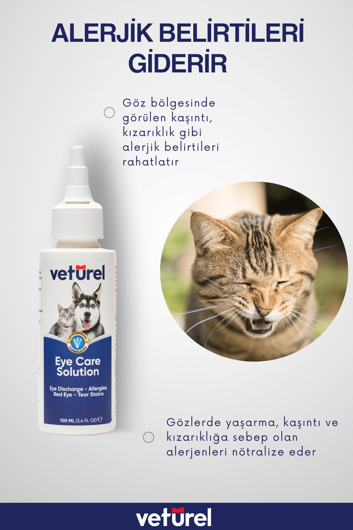 Kedi Göz Temizleme Solüsyonu Köpek Alerji Kızarıklık Enfeksiyon Gözyaşı Bakımı Göz Damlası 100ml