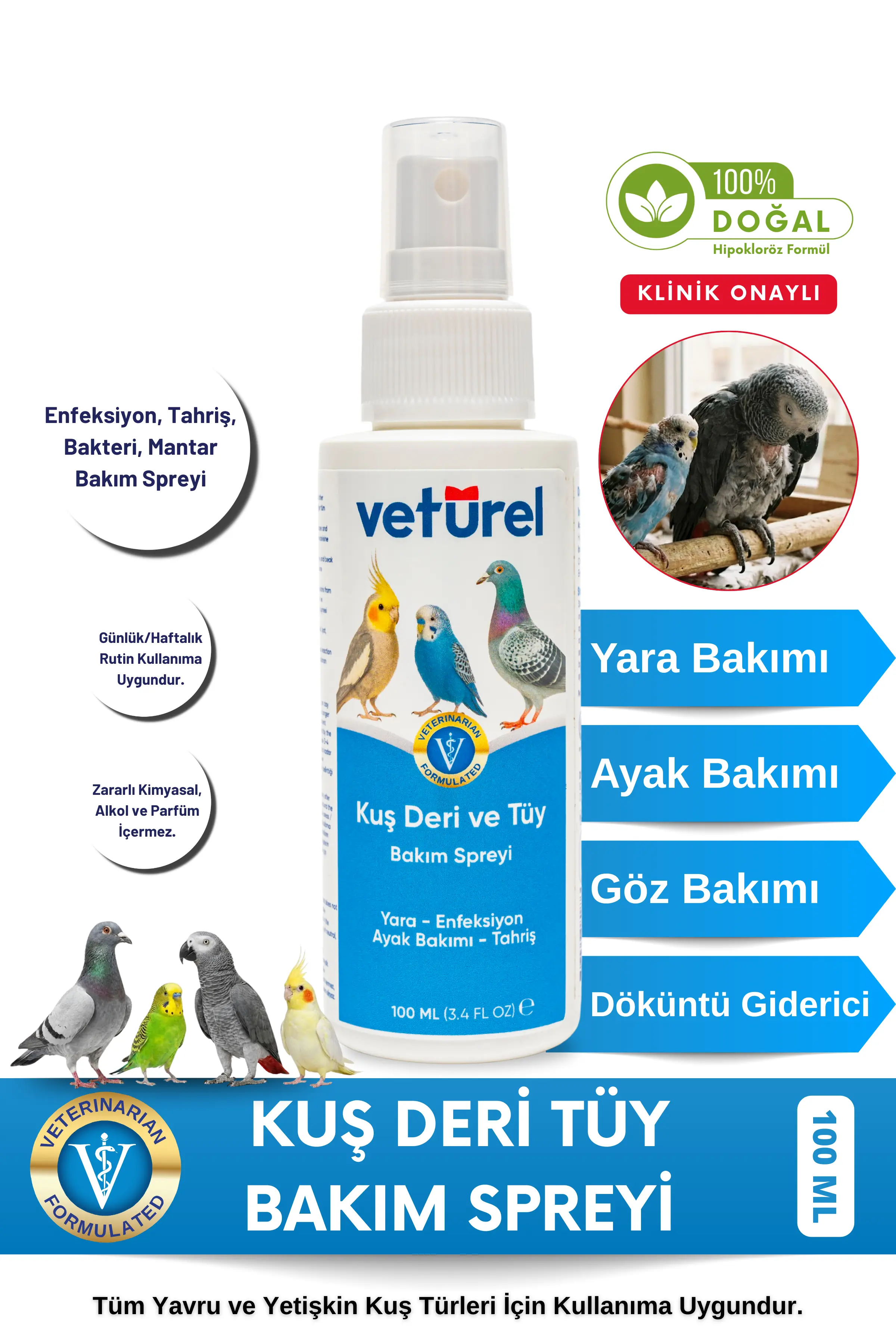 Muhabbet kuşu ve papağanlarda göz nezlesi ve enfeksiyon belirtileri için bakım spreyi