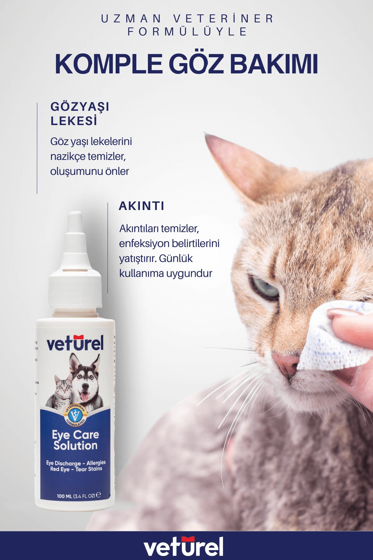 Veturel Kedi Göz Temizleme Solüsyonu Akıntı Alerji Kızarıklık Gözyaşı Lekesi 100ml Disk Pamuk 50li