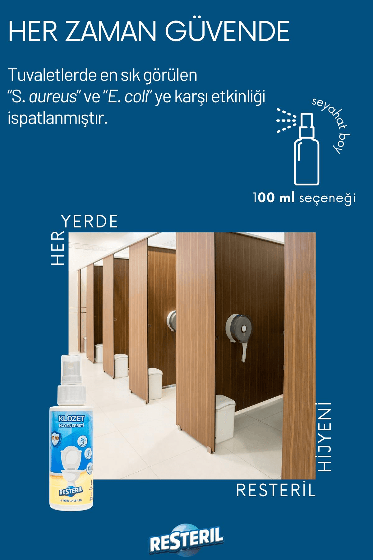 Resteril Klozet Kapağı Dezenfektan Sprey %99.99 Sterilizasyon Seyahat Boyu Hijyen Spreyi 200 ml
