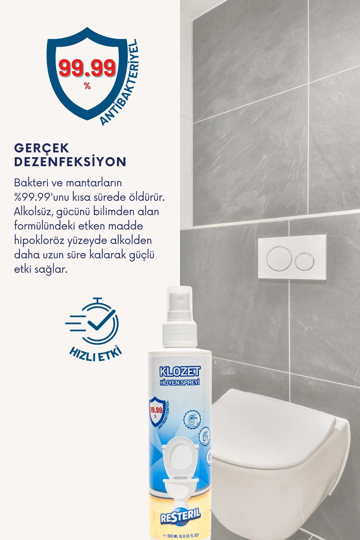 Resteril Klozet Kapağı Dezenfektan Sprey Zararsız Formül %99.99 Sterilizasyon Çanta Boyu 100 ml