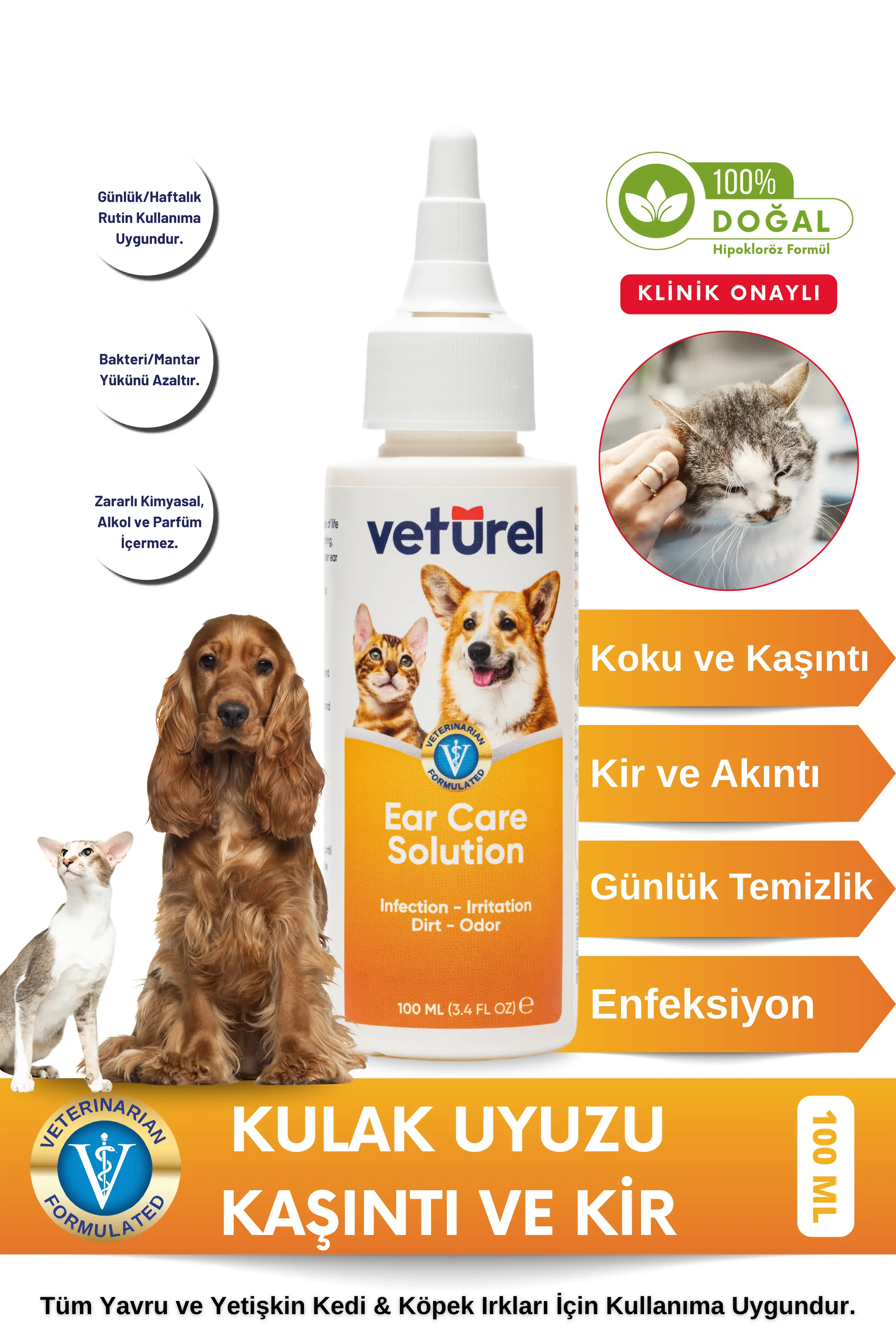 Kulak uyuzu kaşıntı kir ve akıntı için veturel kulak bakım spreyi