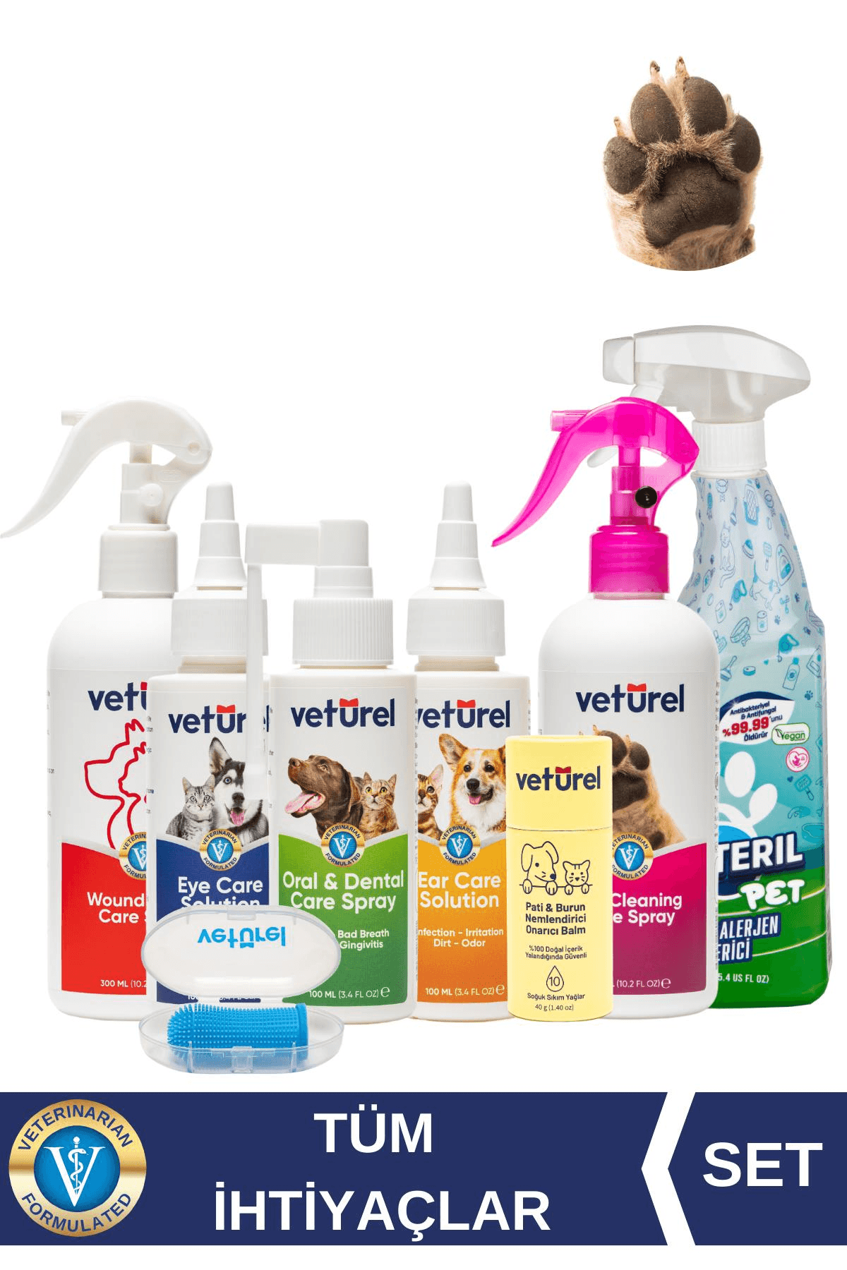 %100 Doğal Kedi Köpek Diş Fırçalı Sağlık Seti Pati Balm Ağız Göz Kulak Yara Bakımı Çiş Koku Giderici