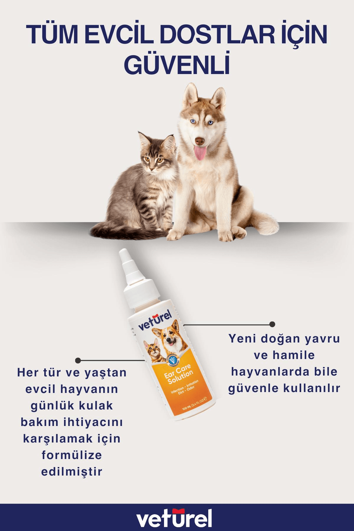 Veturel Köpek Kulak Temizleme Solüsyon Kir Enfeksiyon Kaşıntı Koku Kulak Uyuzu 100ml Disk Pamuk 50li