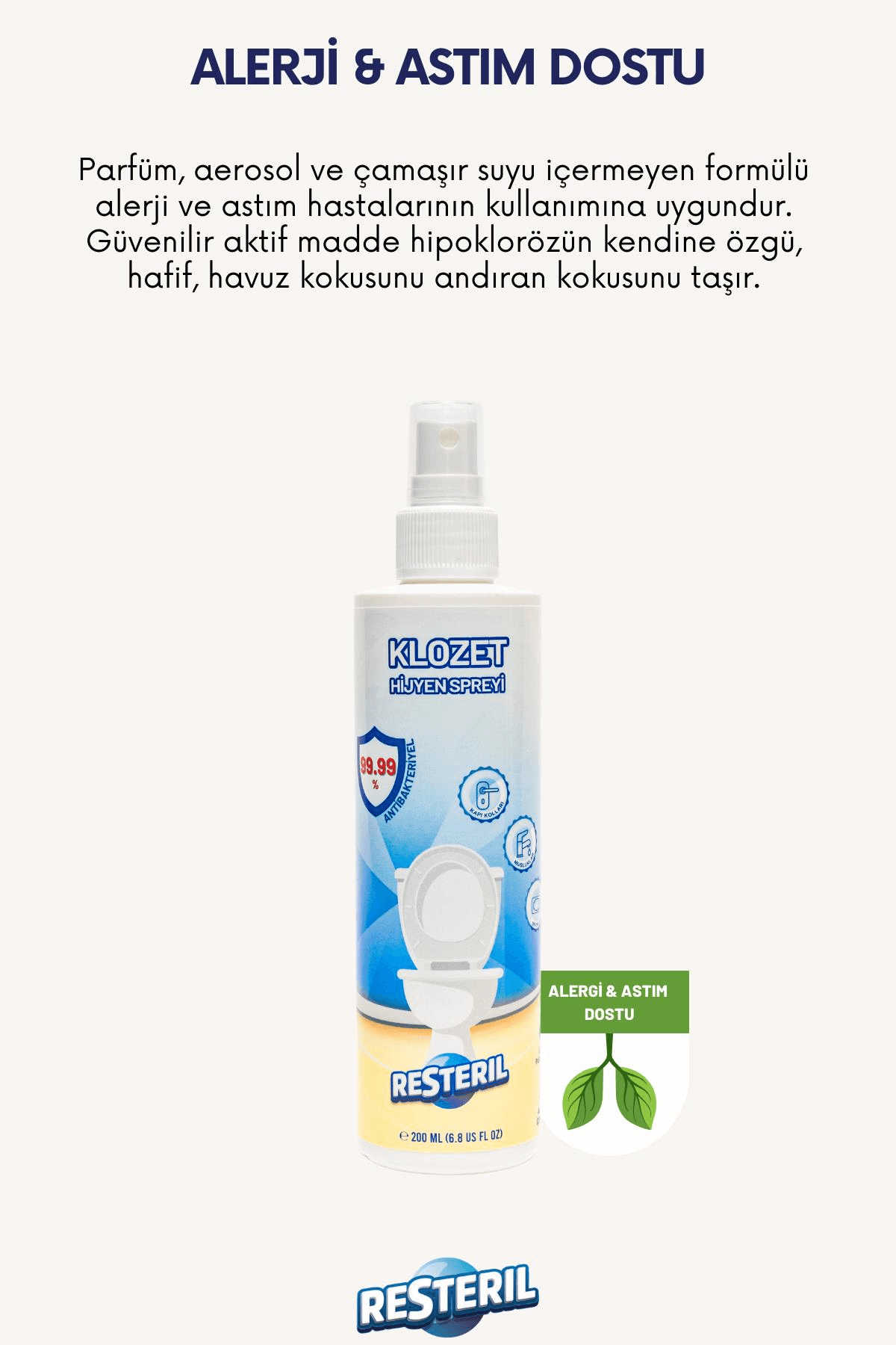 Resteril Klozet Kapağı Dezenfektan Sprey %99.99 Sterilizasyon Seyahat Boyu Hijyen Spreyi 200 ml