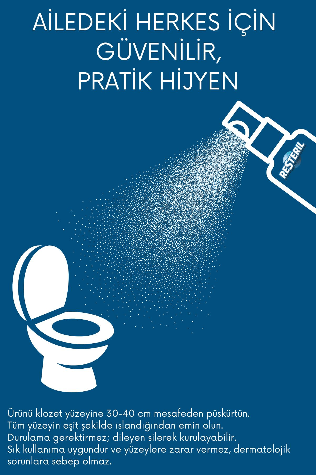 Resteril Klozet Kapağı Dezenfektan Sprey Alkolsüz Parfümsüz %99.99 Sterilizasyon Çanta Boy 100-500ml