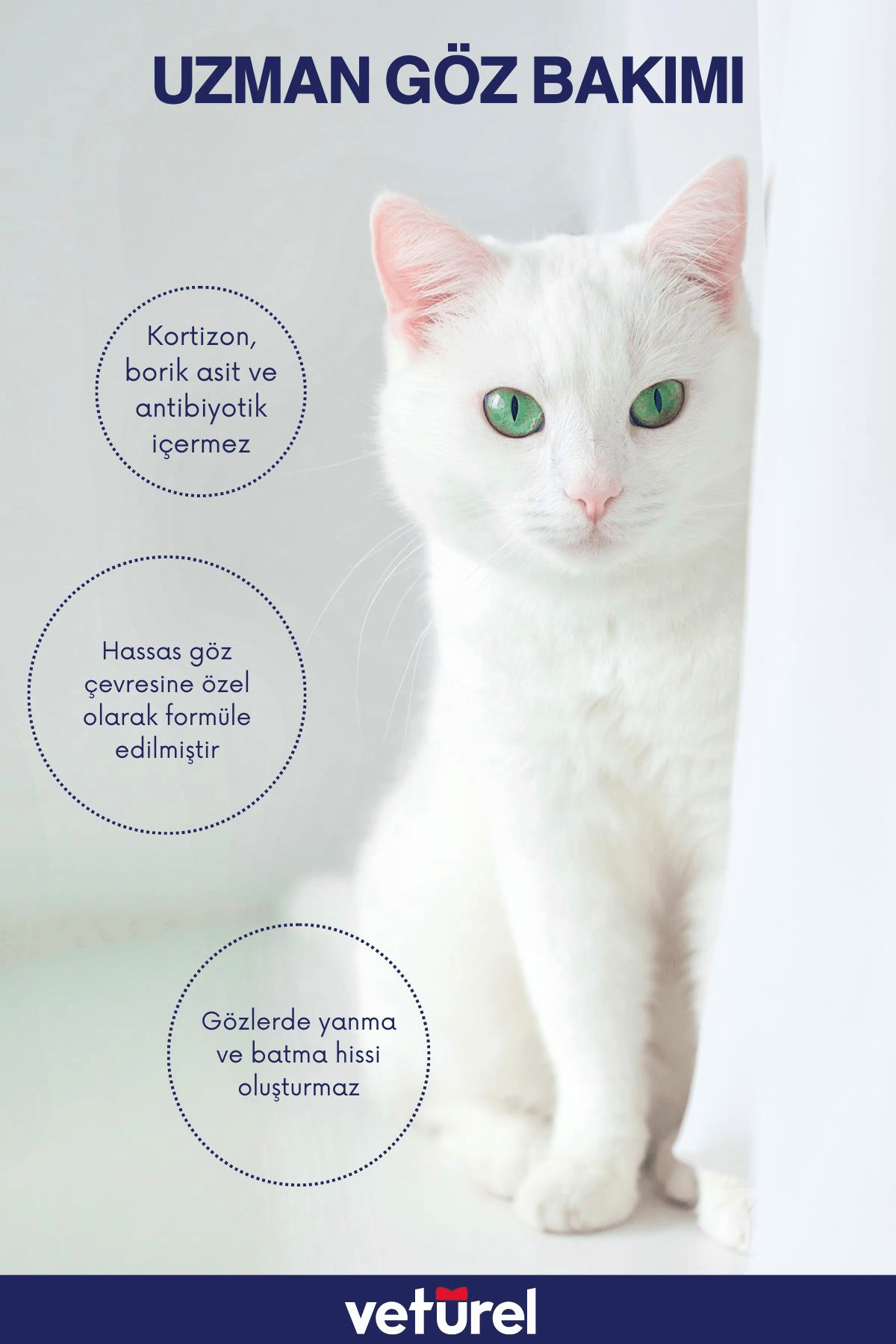 Veturel Kedi Göz Temizleme Solüsyonu Akıntı Alerji Kızarıklık Gözyaşı Lekesi 100ml Disk Pamuk 50li