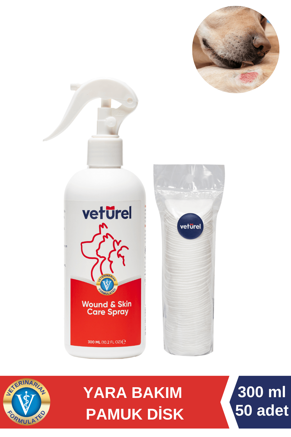 Köpek Yara Deri Bakımı Yanık Kızarıklık Tahriş Yara Spreyi 300ml Disk Pamuk 50li