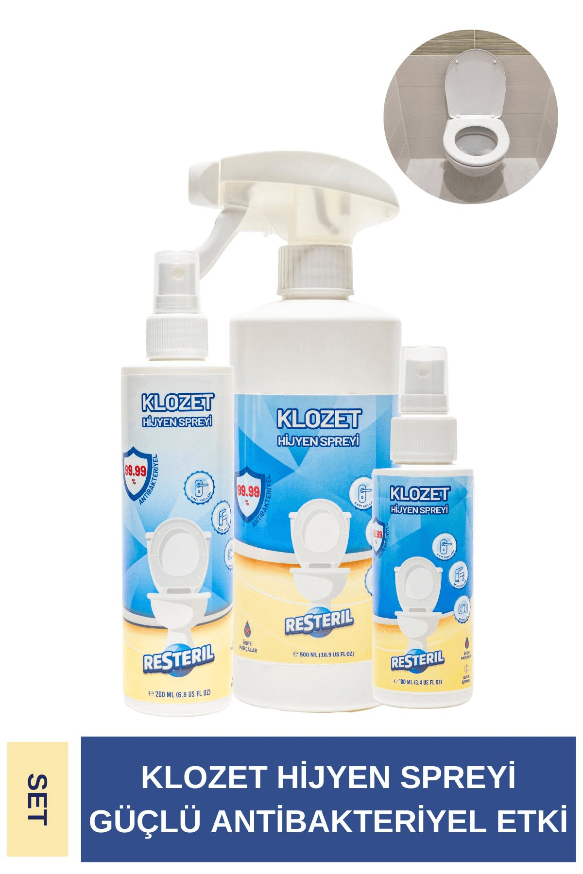 Resteril Klozet Kapağı Alkolsüz Dezenfektan Sprey Tuvalet Sterilizasyon 100-200-500 ml Hijyen Seti
