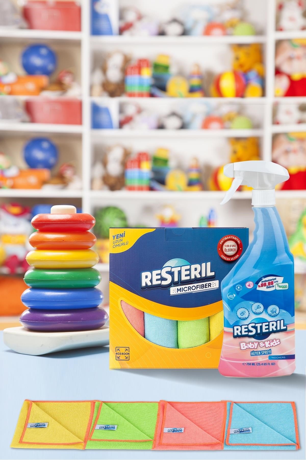 Antibakteriyel Anaokulu Kreş Yüzey Temizleyici Hijyen Seti 750ml+Uzun Ömürlü 4'lü Mikrofiber Bez