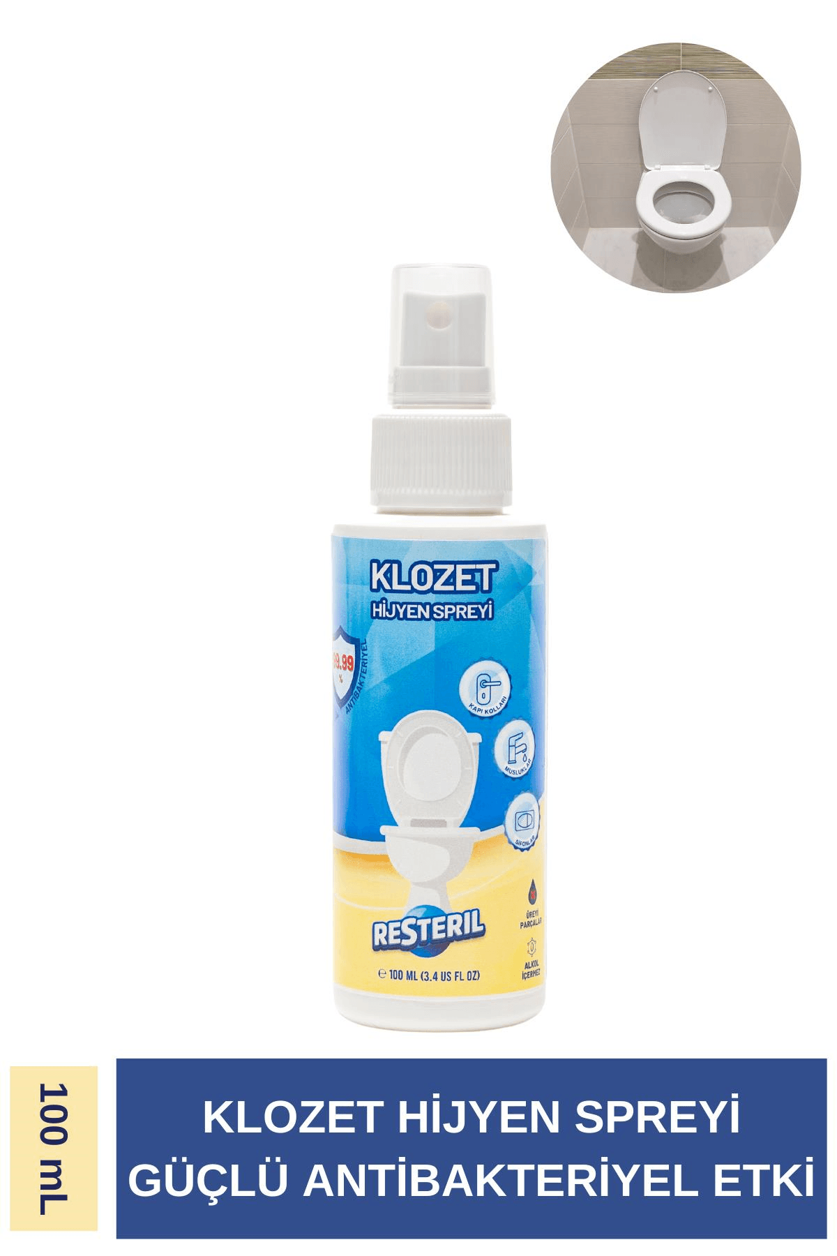 Resteril Klozet Kapağı Dezenfektan Sprey Zararsız Formül %99.99 Sterilizasyon Çanta Boyu 100 ml