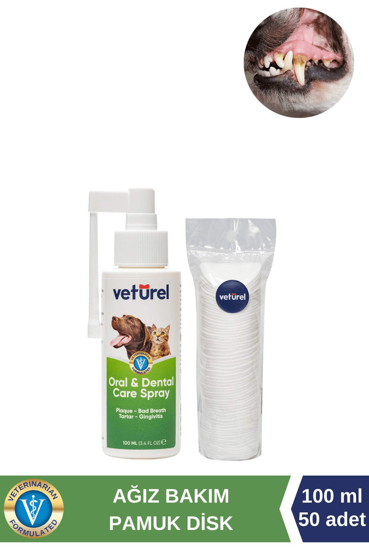 Veturel Köpek Ağız Ve Diş Bakım Spreyi 100ml Doğal Ağız Bakımı Ağız Kokusu Yumuşak Disk  Pamuk 50'li
