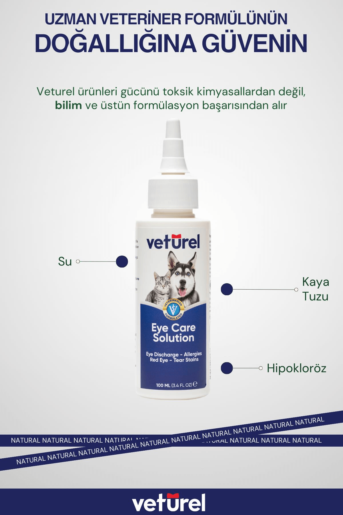 Veturel Kedi Göz Temizleme Solüsyonu Akıntı Alerji Kızarıklık Gözyaşı Lekesi 100ml Disk Pamuk 50li