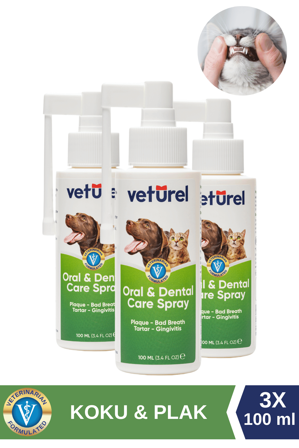Günlük Kedi Ağız Kokusu Giderici Diş Eti Yarası Plak Tartar Önleyici Köpek Ağız Kokusu Sprey 3x100ml