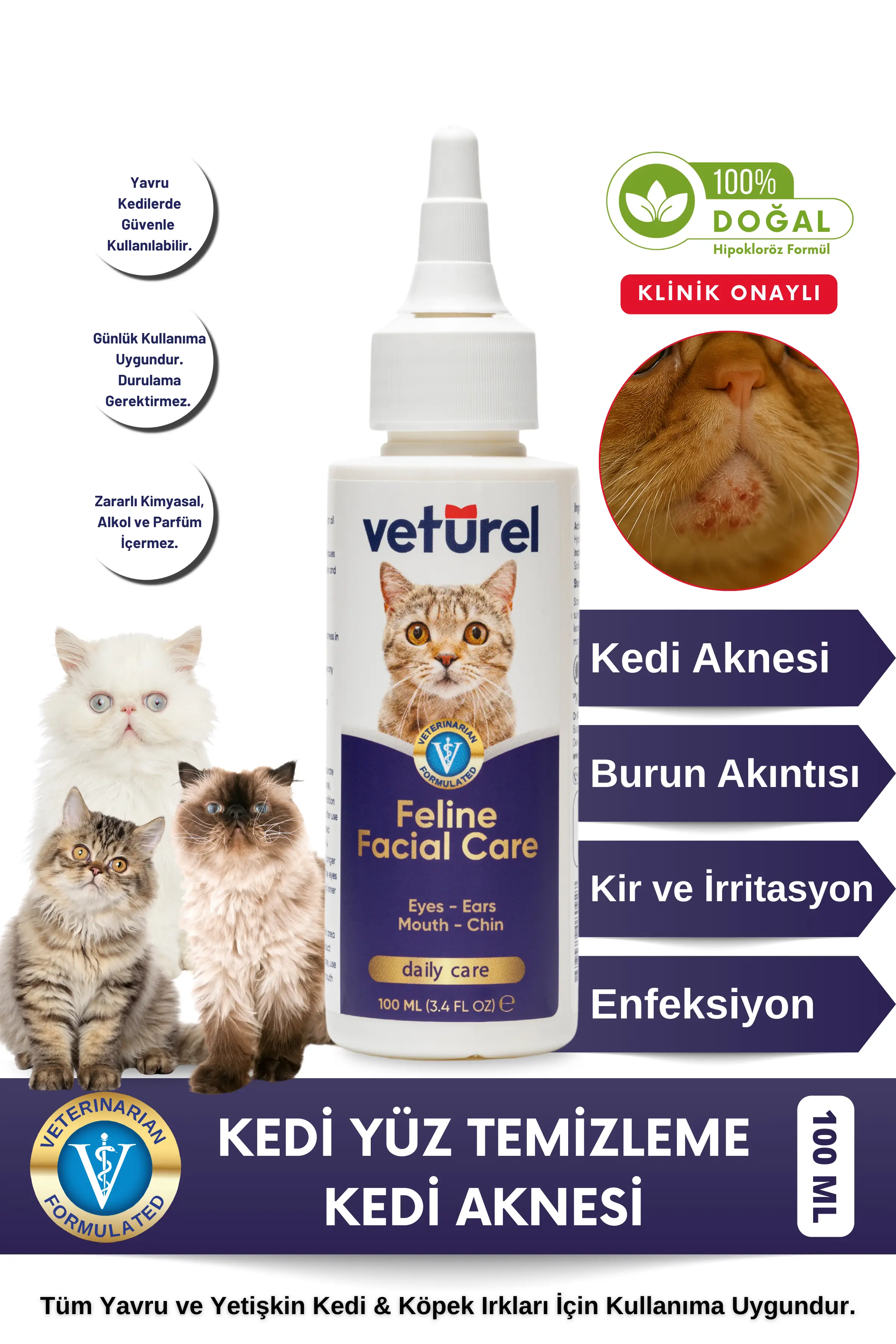 Kedi aknesi gözyaşı lekesi burun akıntısı kir ve irritasyon için yüz bakım spreyi