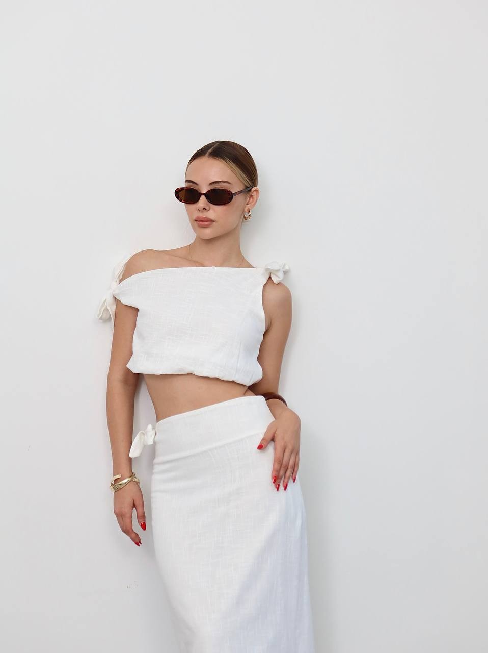 Fiyonk Detaylı Keten Crop Bluz Uzun Etek Takım