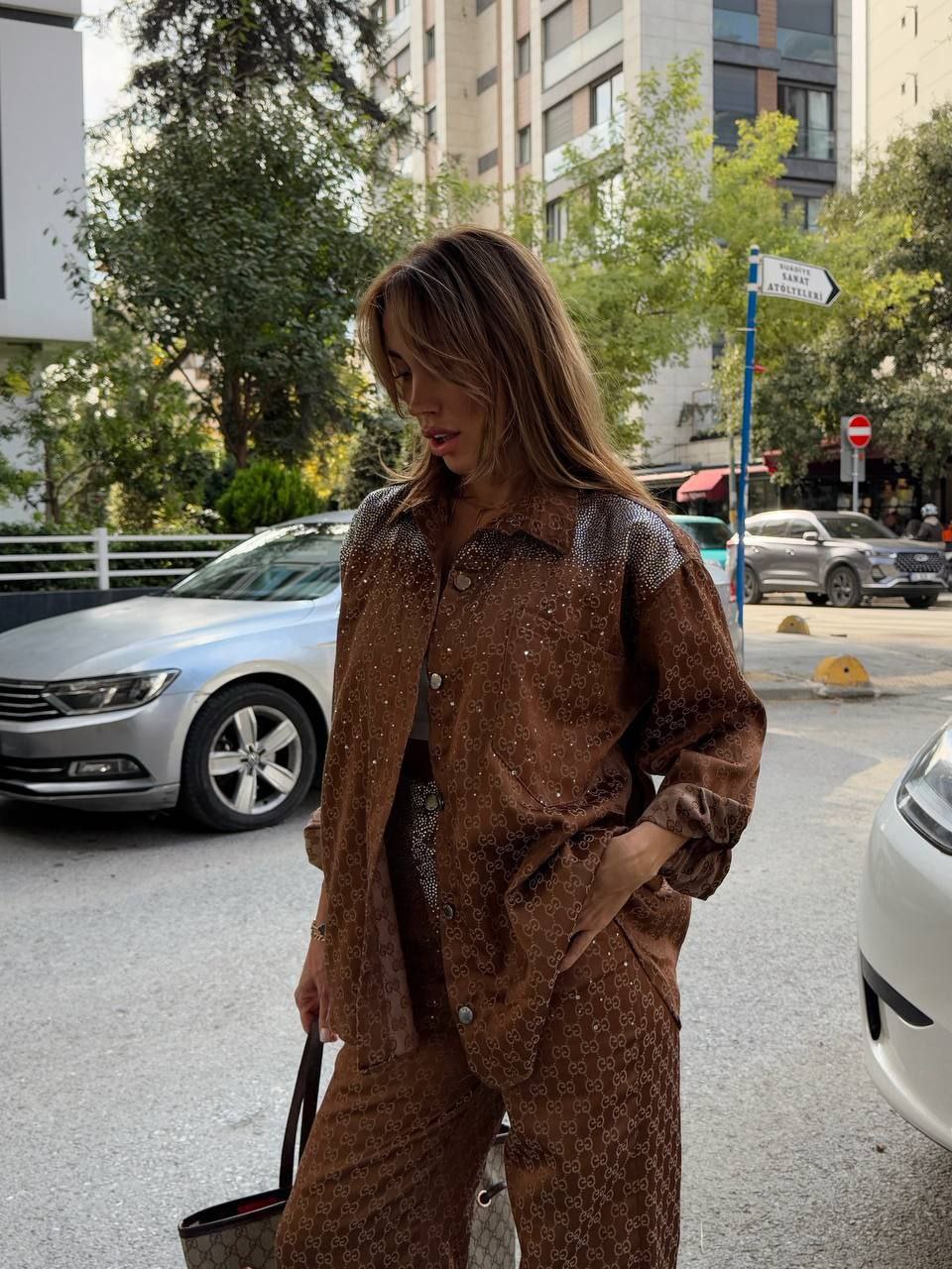 İthal Gucci Kahverengi Taşlı Denim Takım