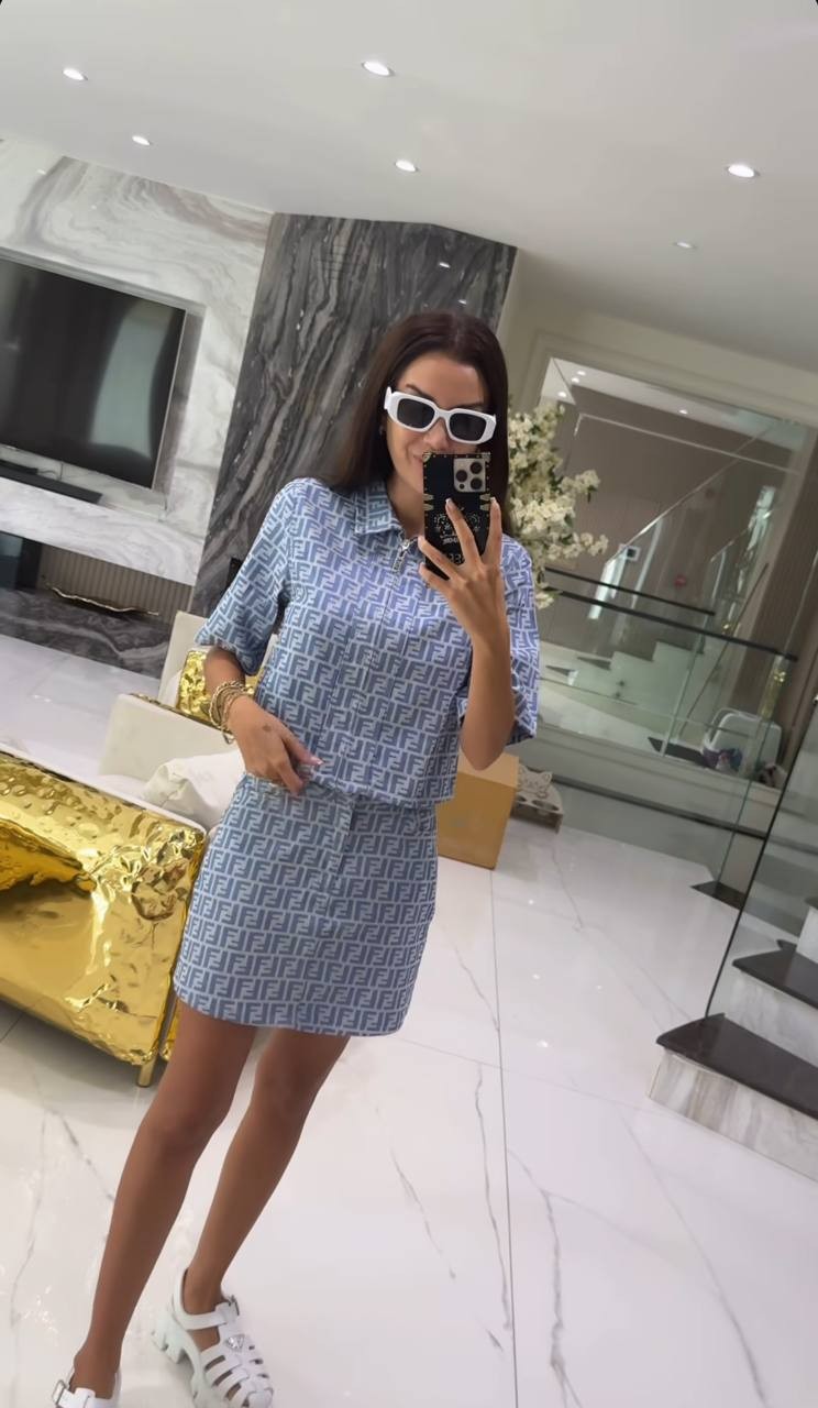 İthal Fendi Logolu Keten Gömlek Etek Takım