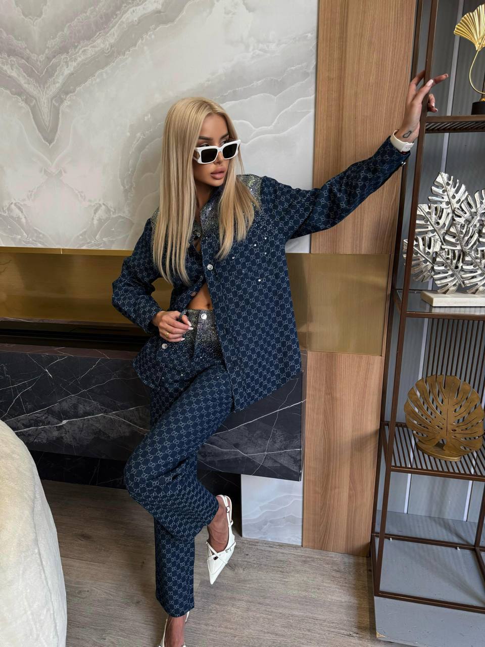 İthal Gucci Taşlı Denim Set