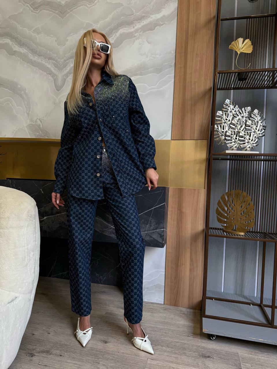 İthal Gucci Taşlı Denim Set