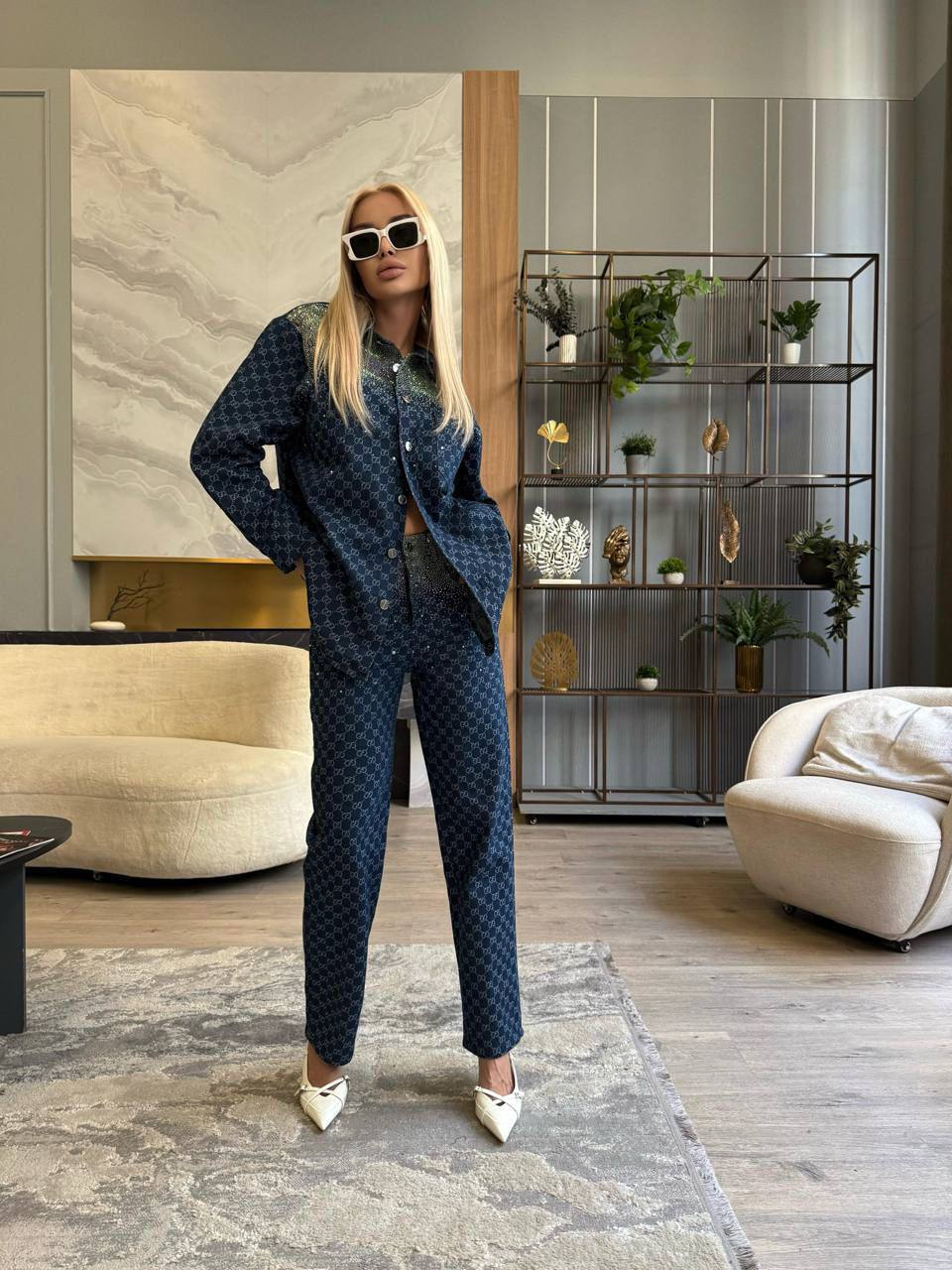 İthal Gucci Taşlı Denim Set