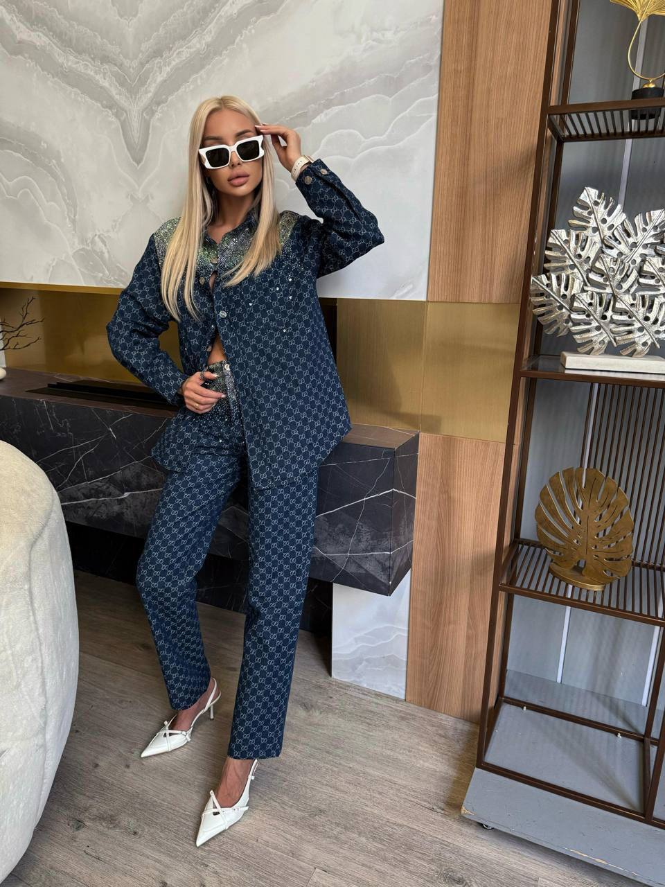 İthal Gucci Taşlı Denim Set