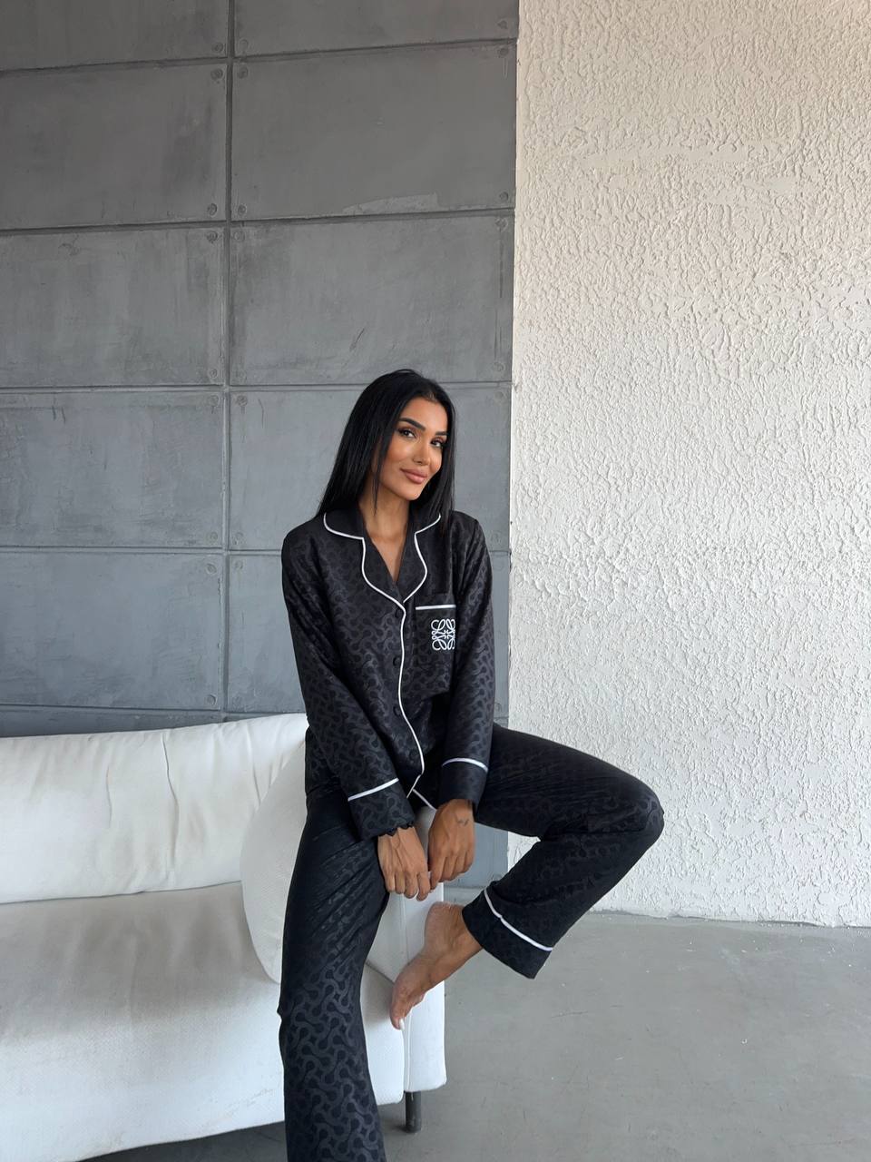 İthal Loewe Pamuk Saten Siyah Pijama Takımı