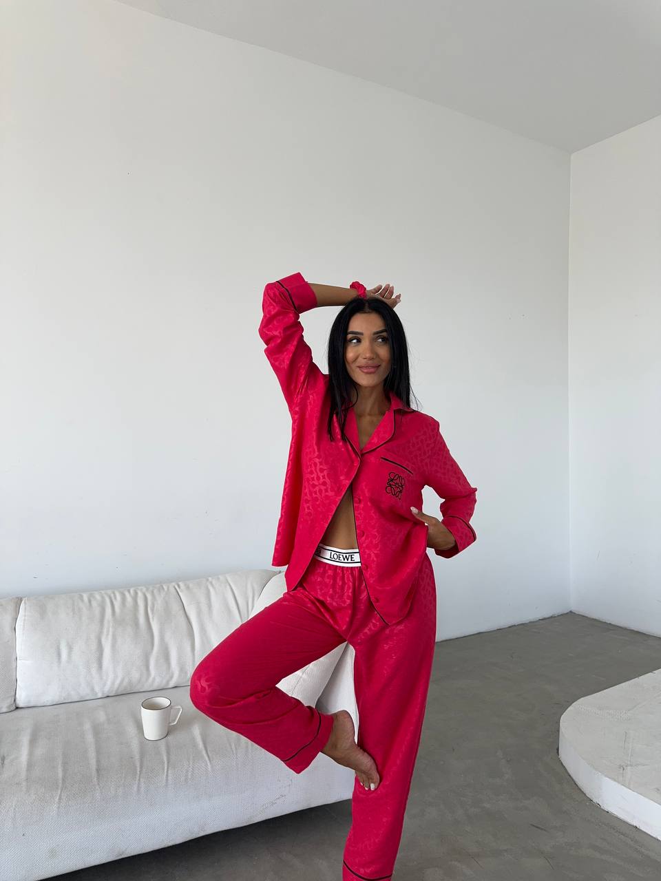 İthal Loewe Pamuk Saten Fuşya Pijama Takımı