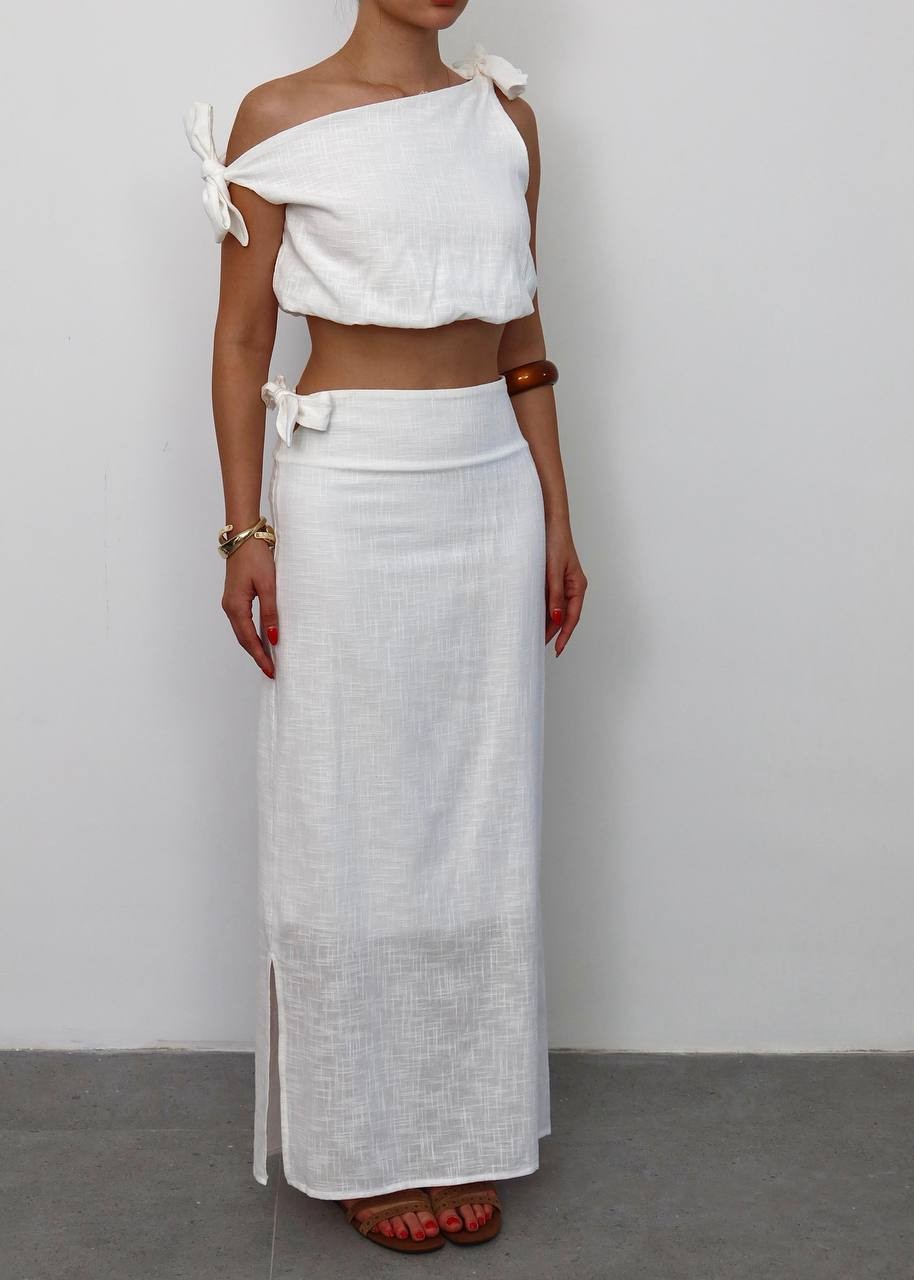 Fiyonk Detaylı Keten Crop Bluz Uzun Etek Takım