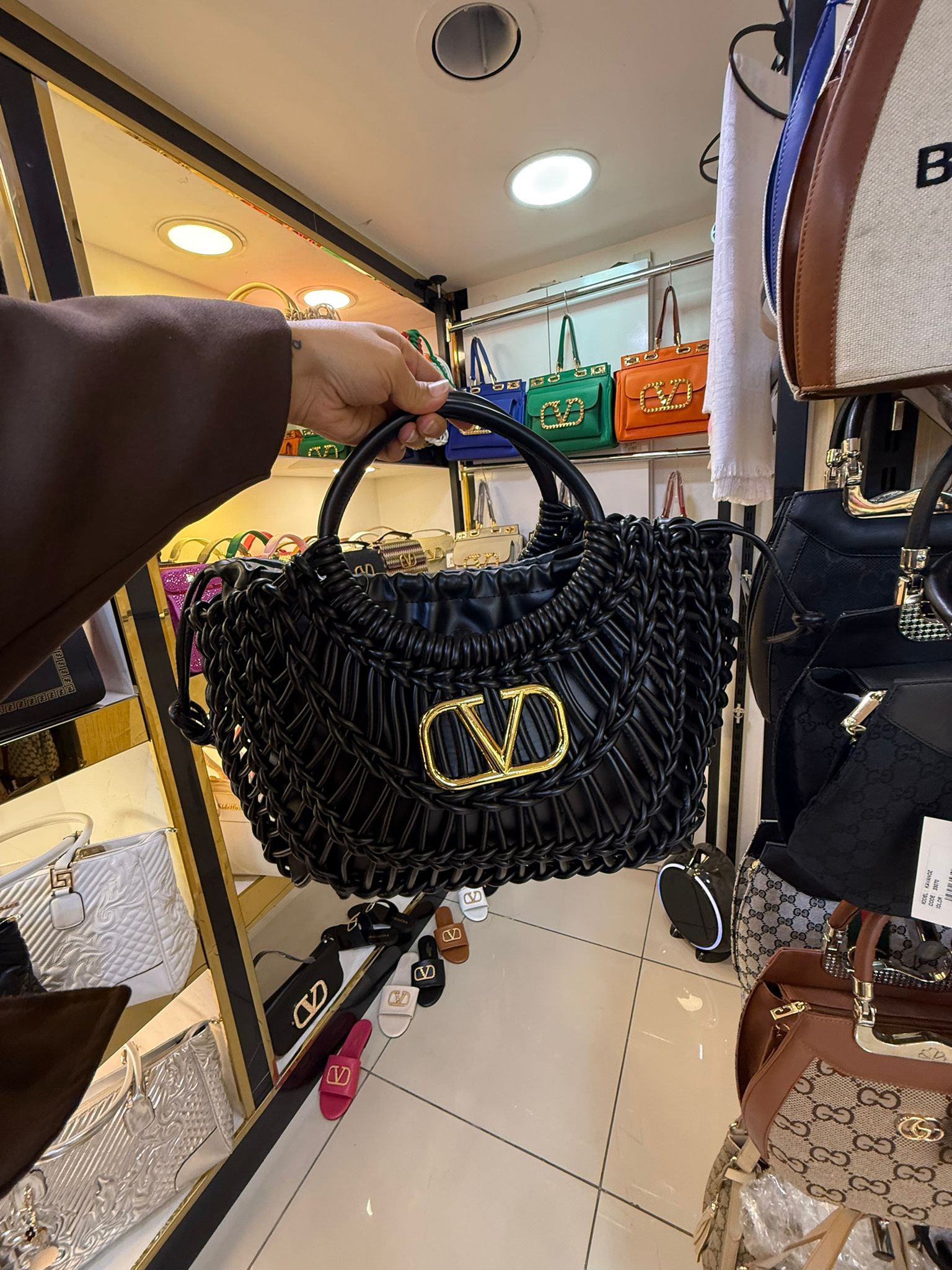 İthal Siyah Örgü Detay Deri Çanta