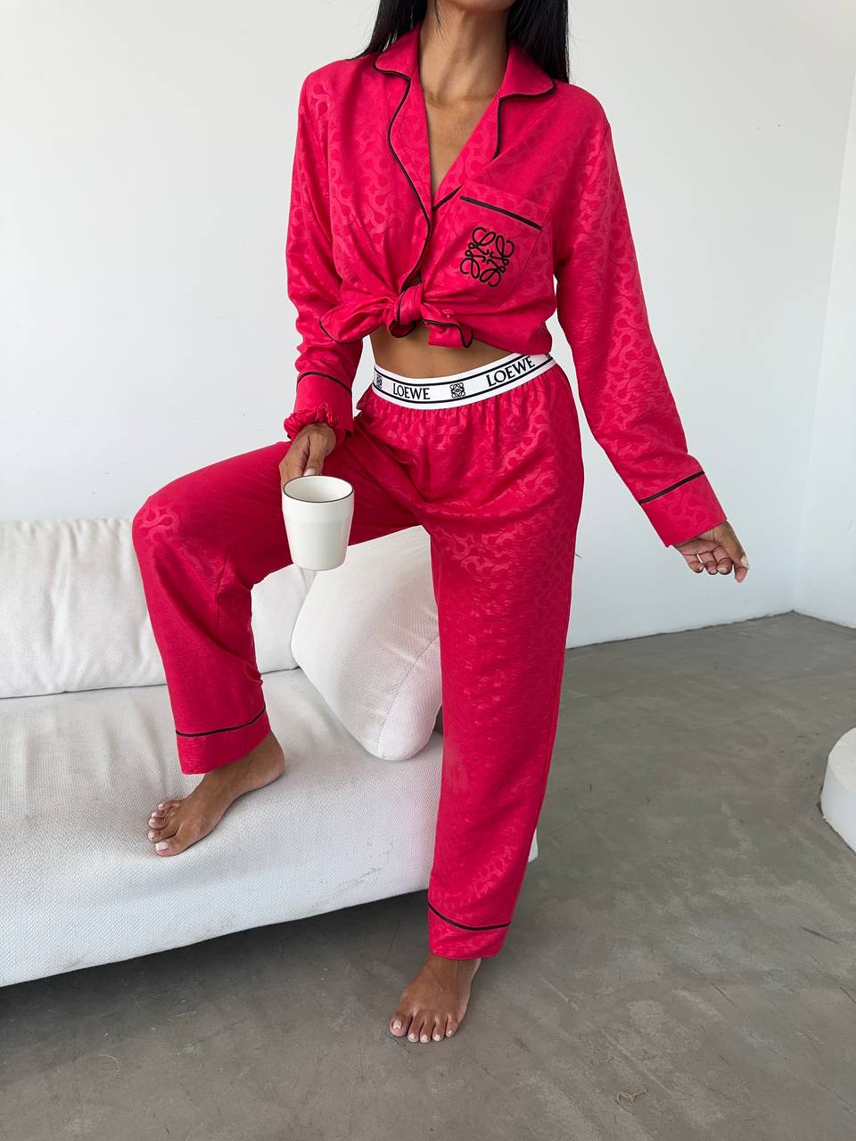 İthal Loewe Pamuk Saten Fuşya Pijama Takımı