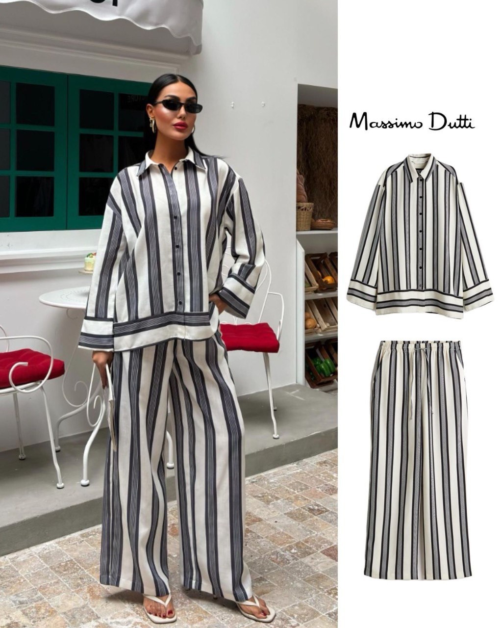 Massimo Dutti Design Çizgili Detaylı Gecelik Takımı