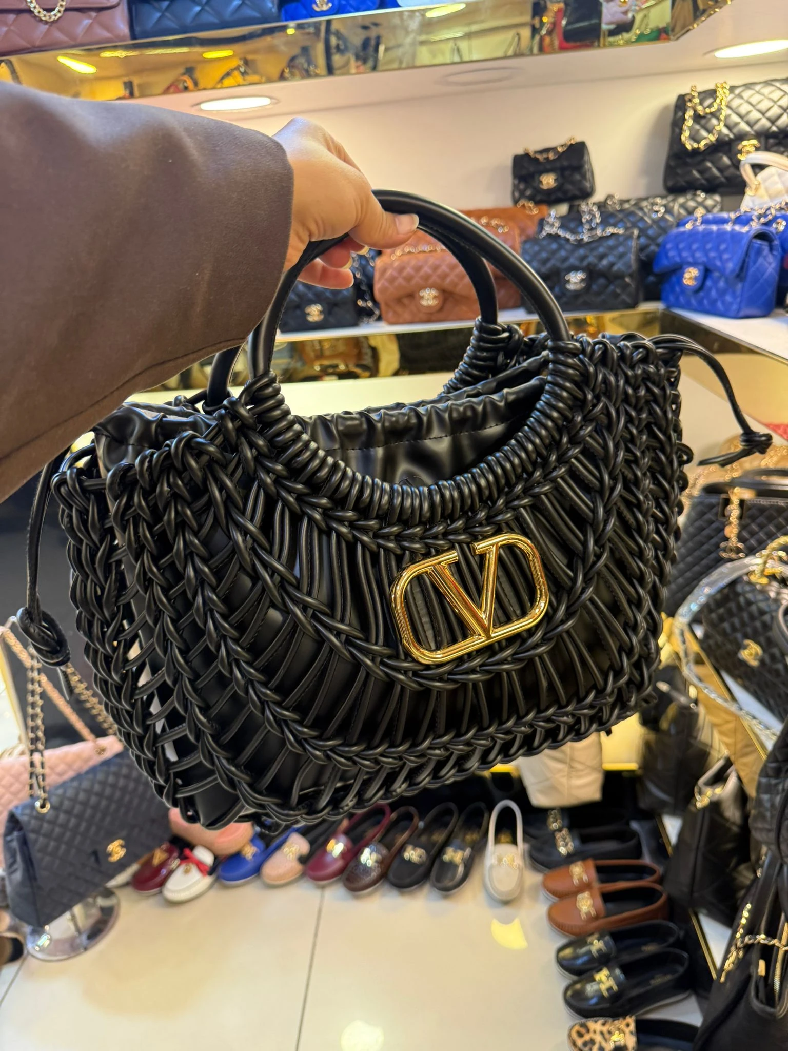 İthal Siyah Örgü Detay Deri Çanta