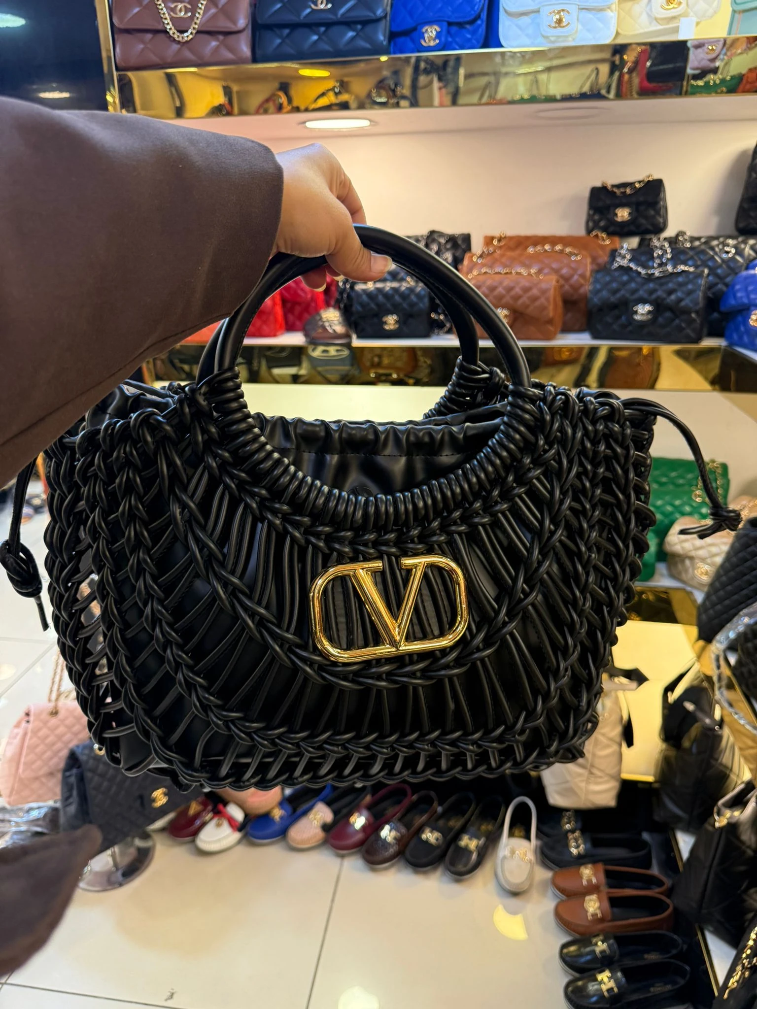 İthal Siyah Örgü Detay Deri Çanta