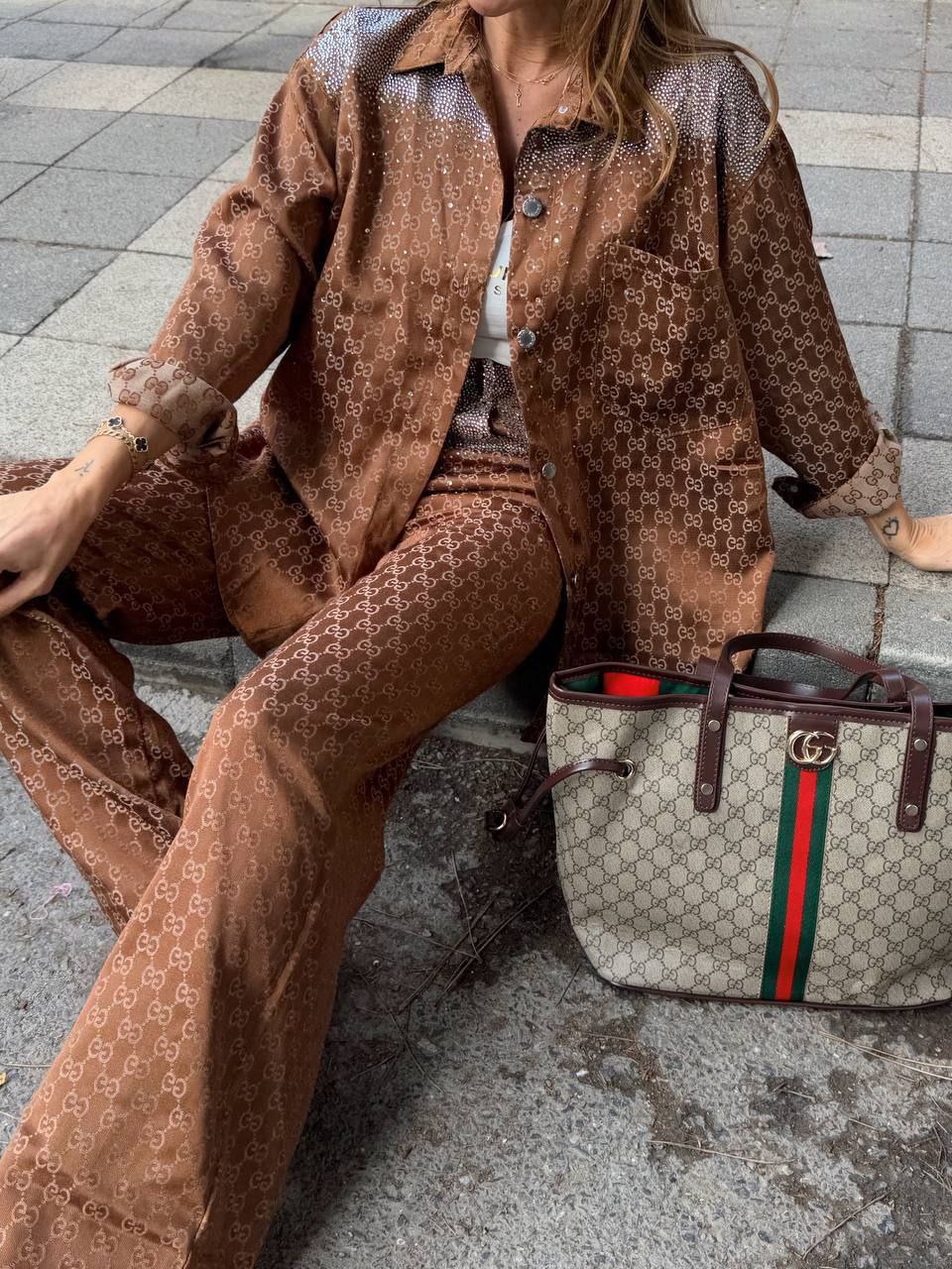 İthal Gucci Kahverengi Taşlı Denim Takım