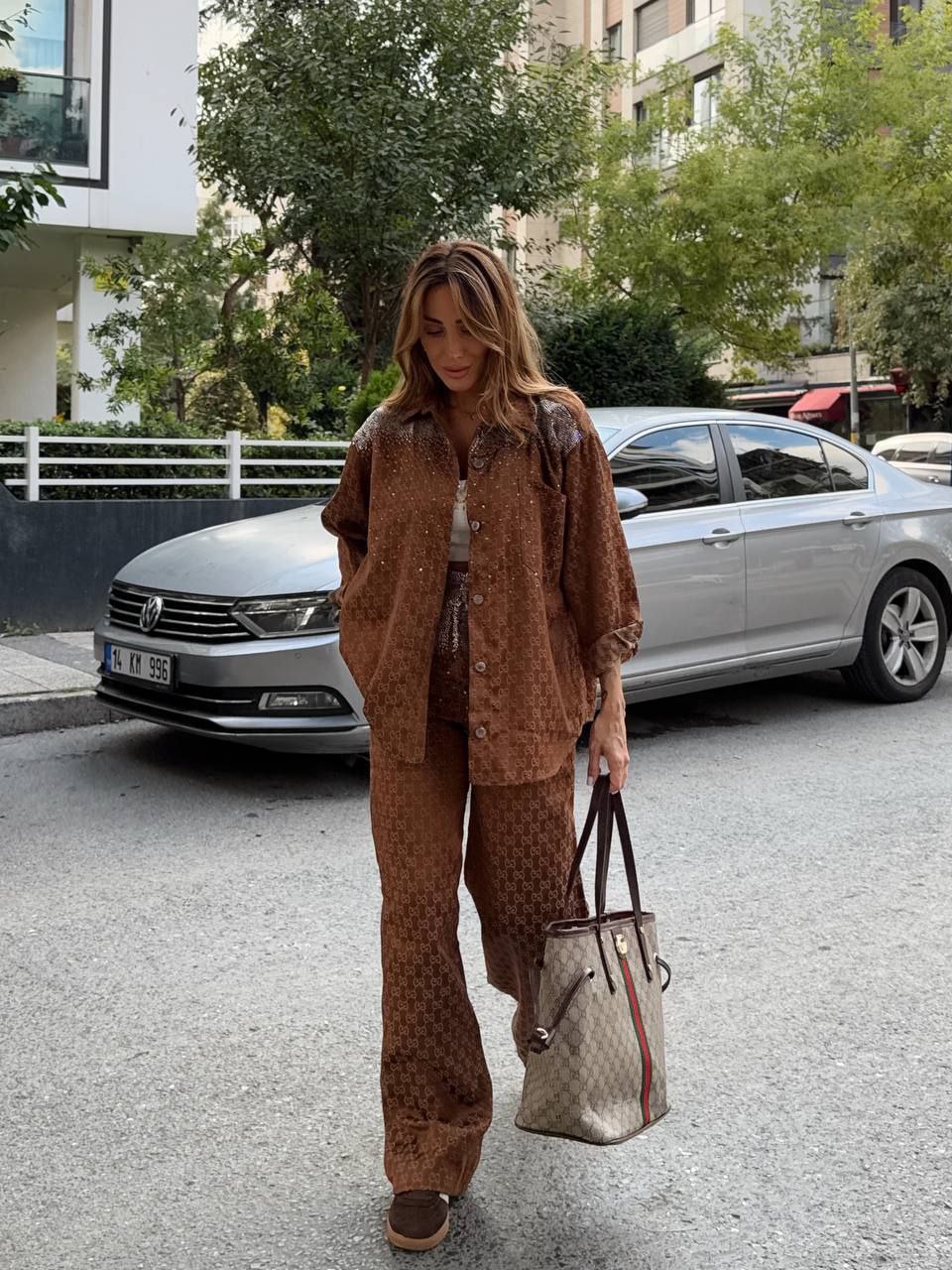 İthal Gucci Kahverengi Taşlı Denim Takım