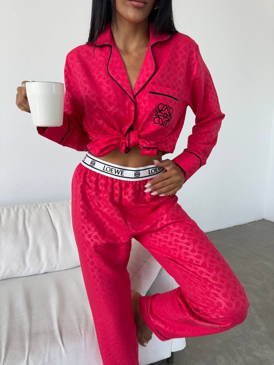 İthal Loewe Pamuk Saten Fuşya Pijama Takımı