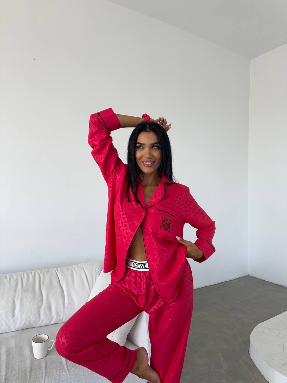 İthal Loewe Pamuk Saten Fuşya Pijama Takımı