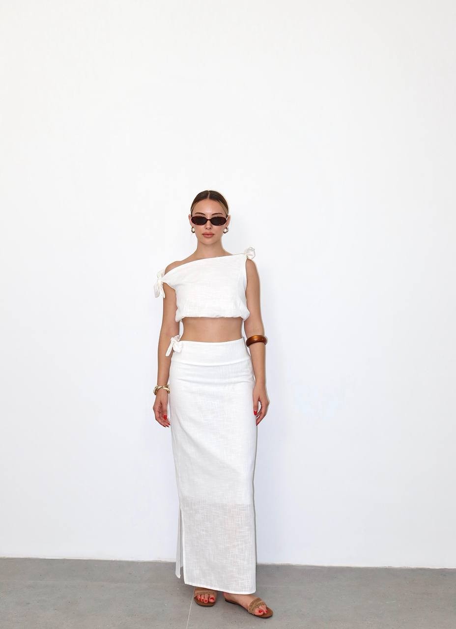 Fiyonk Detaylı Keten Crop Bluz Uzun Etek Takım