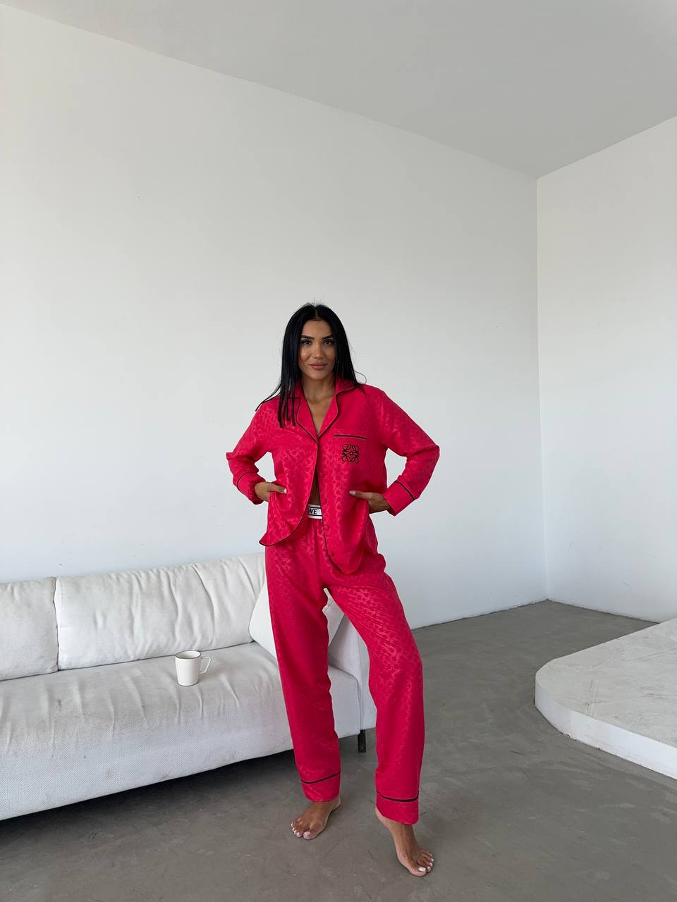 İthal Loewe Pamuk Saten Fuşya Pijama Takımı