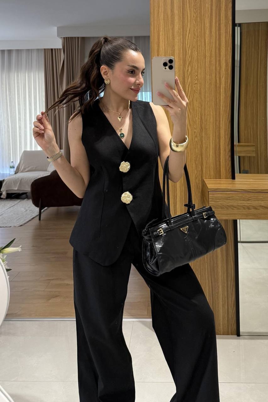 Altın Düğme Detaylı Yelek Pantolon Keten Takım