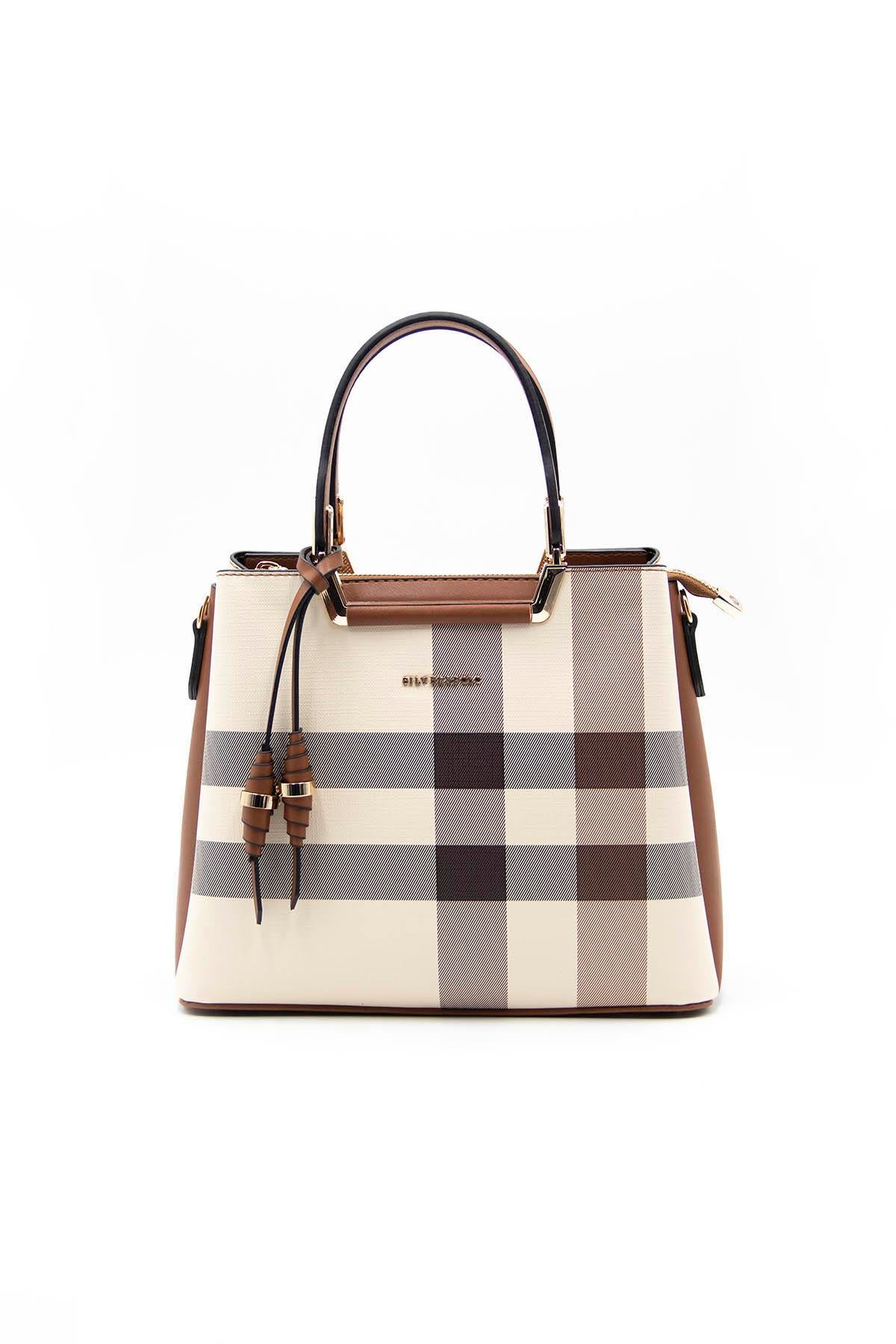 Silver & Polo SP969 Kadın El Çantası - Kareli Ekose Krem Taba
