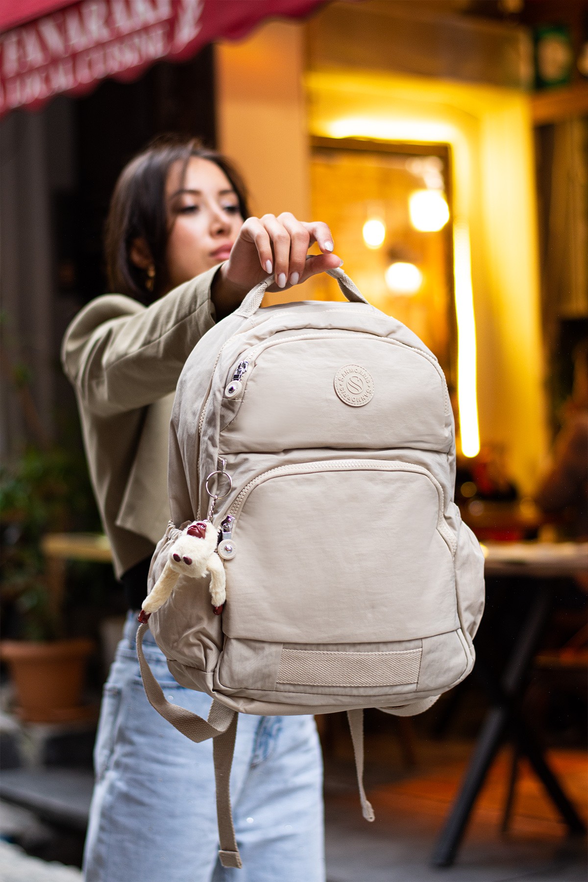 San Unisex Suya Dayanıklı Kumaş Laptop Bölmeli 3 Gözlü Okul Seyahat Sırt Çantası SAN3005 - Bej