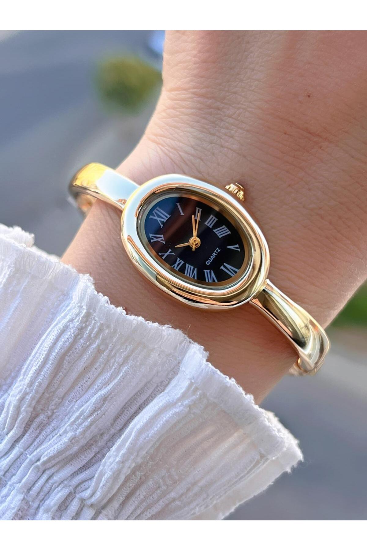 Çelik Kordon Cartier Model Elips (Oval) Tasarım Gold (Siyah Kadran